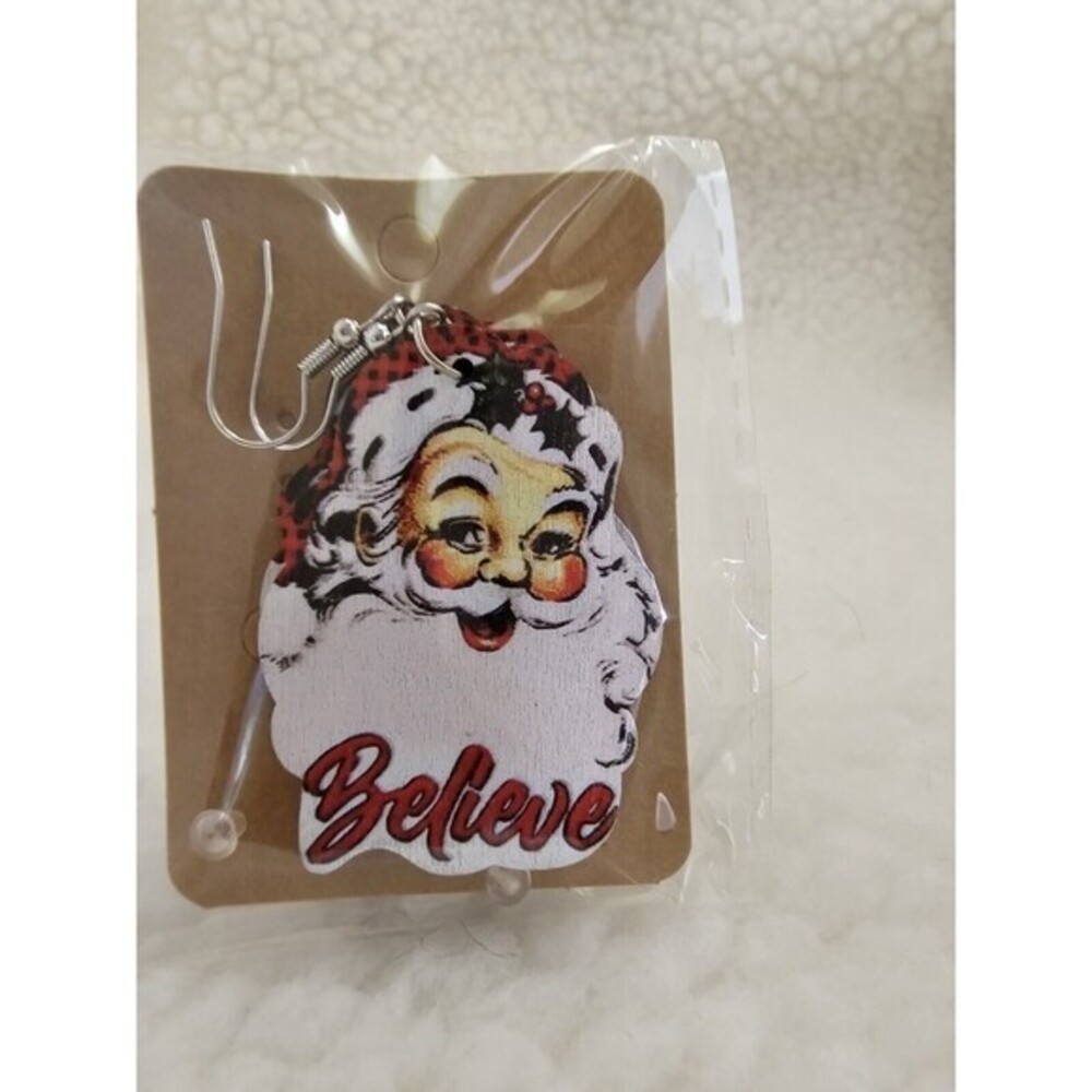 Wood Print Merry Christmas Trees Leopard Snowman Santa Claus Earrings‎ 9 Pair